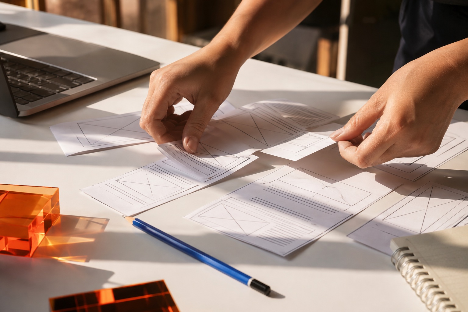 Illustrative design process with paper interface sketches